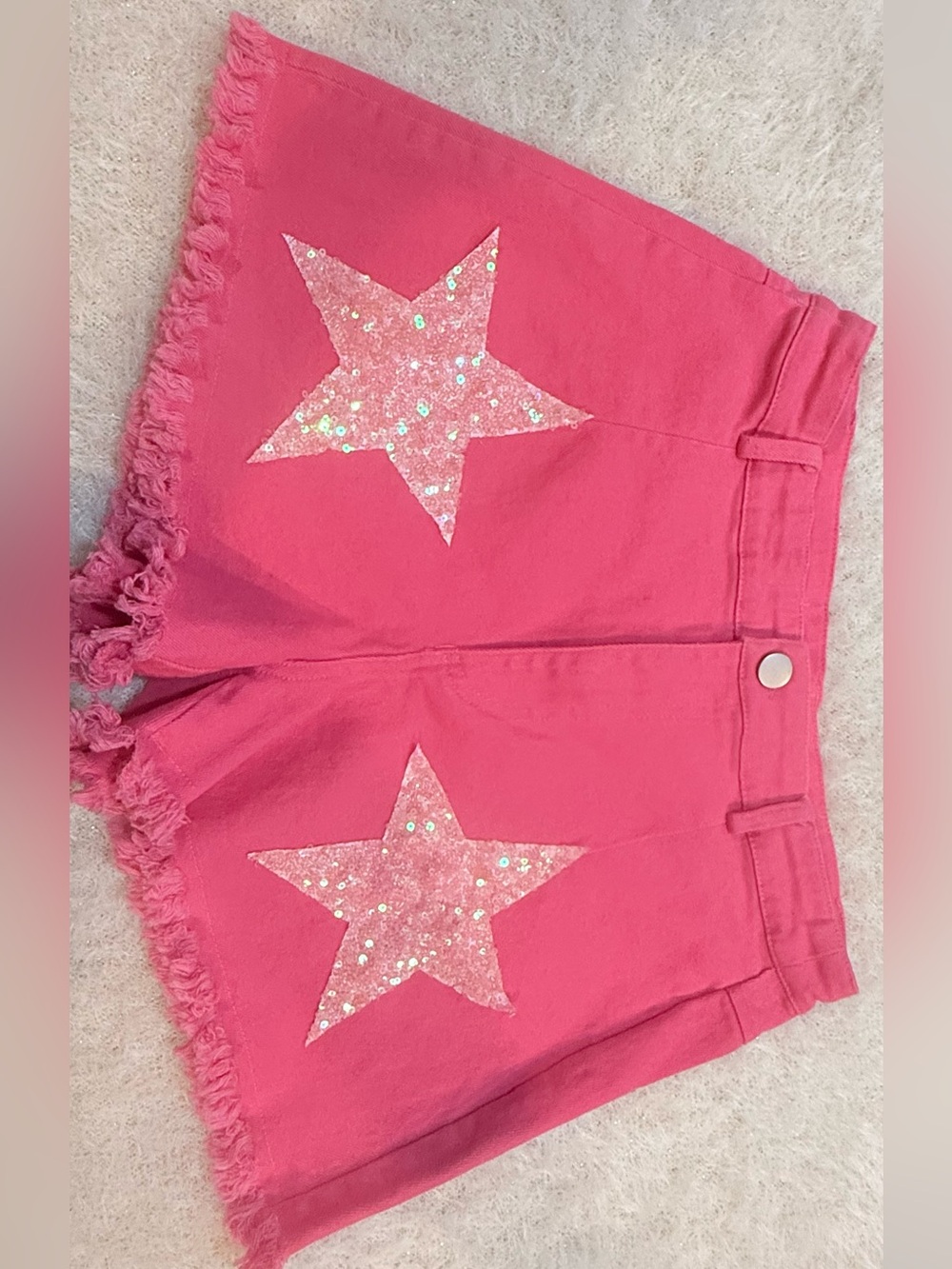 Fantastic Fawn Pink Sequin Star Frayed Hem Shorts